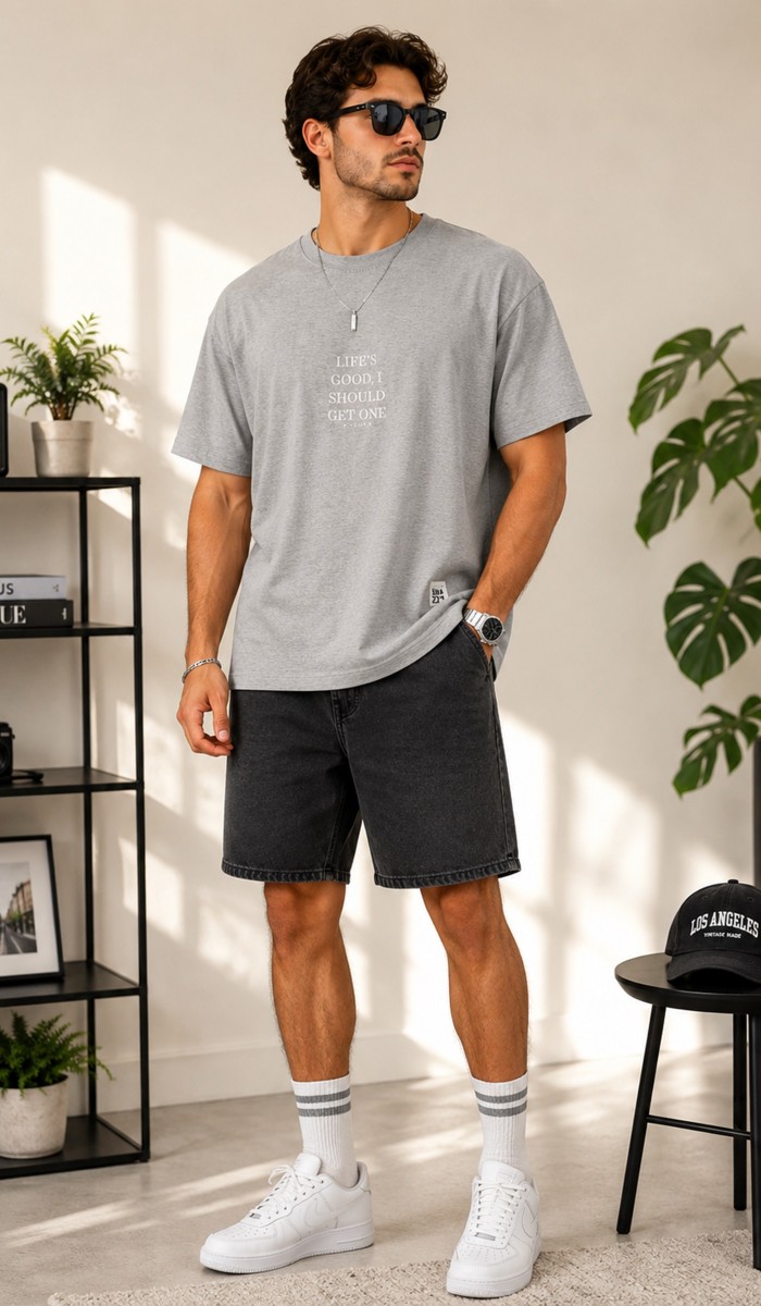 Erkek Gri O Yaka Basic T-Shirt