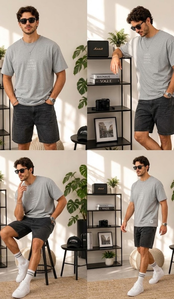 Erkek Gri O Yaka Basic T-Shirt