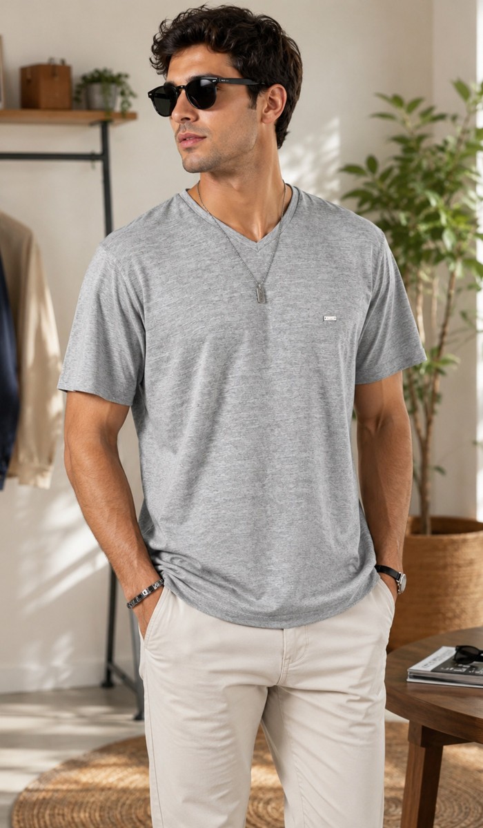 Erkek Gri V Yaka Slim Fit T-Shirt Erkek Gri V Yaka Slim Fit T-Shirt