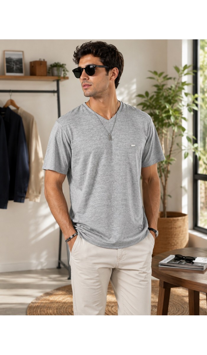 Erkek Gri V Yaka Slim Fit T-Shirt Erkek Gri V Yaka Slim Fit T-Shirt