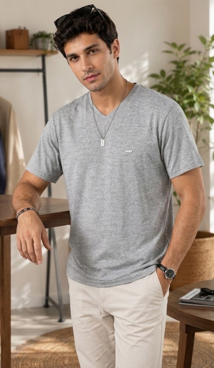 Erkek Gri V Yaka Slim Fit T-Shirt Erkek Gri V Yaka Slim Fit T-Shirt