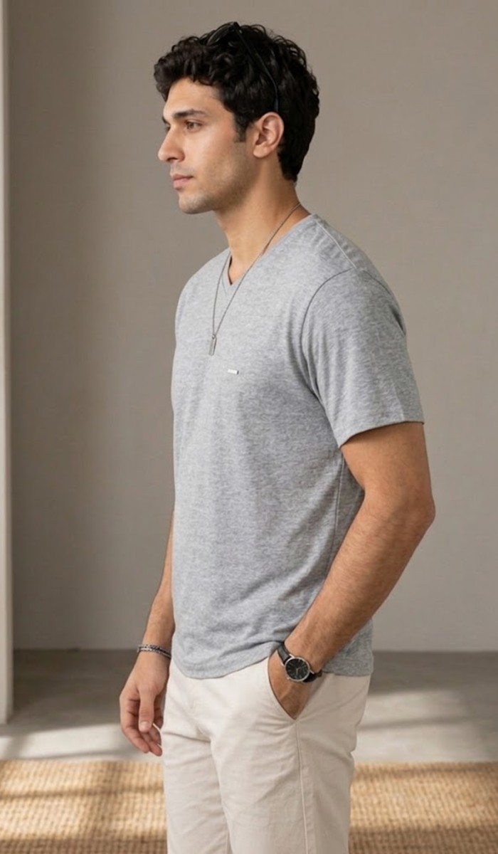 Erkek Gri V Yaka Slim Fit T-Shirt Erkek Gri V Yaka Slim Fit T-Shirt