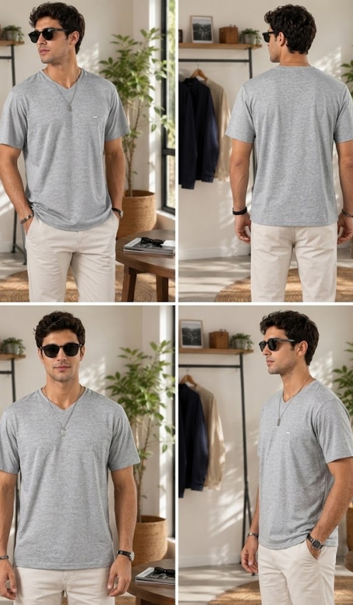 Erkek Gri V Yaka Slim Fit T-Shirt Erkek Gri V Yaka Slim Fit T-Shirt