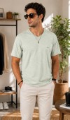 Erkek Haki V Yaka Slim Fit T-Shirt