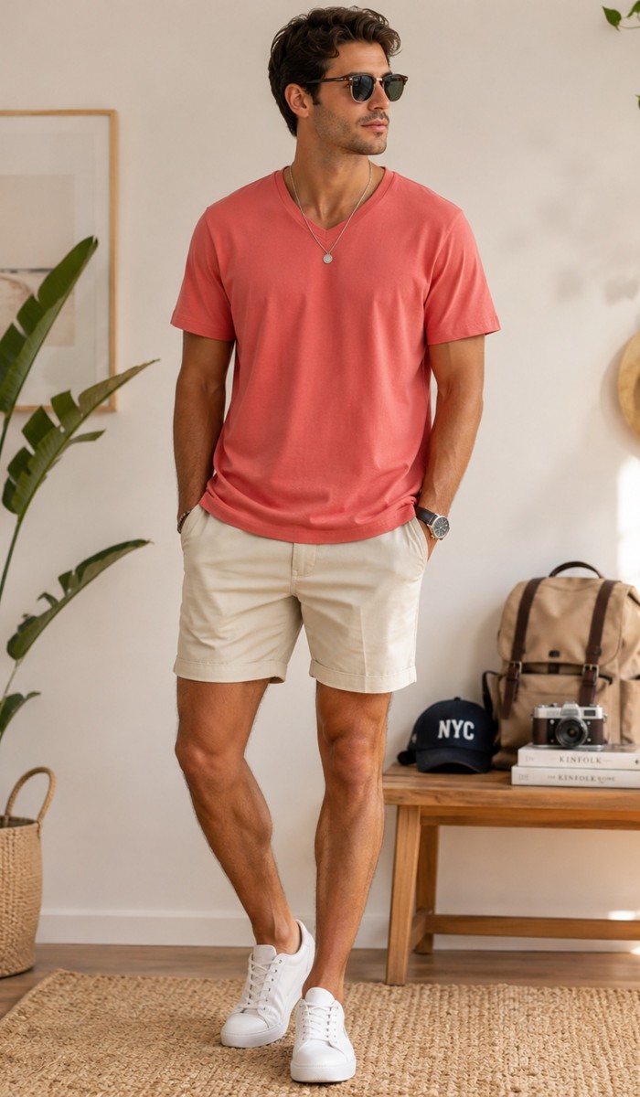 Erkek Nar Çiçeği V Yaka Slim Fit T-Shirt