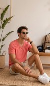 Erkek Nar Çiçeği V Yaka Slim Fit T-Shirt