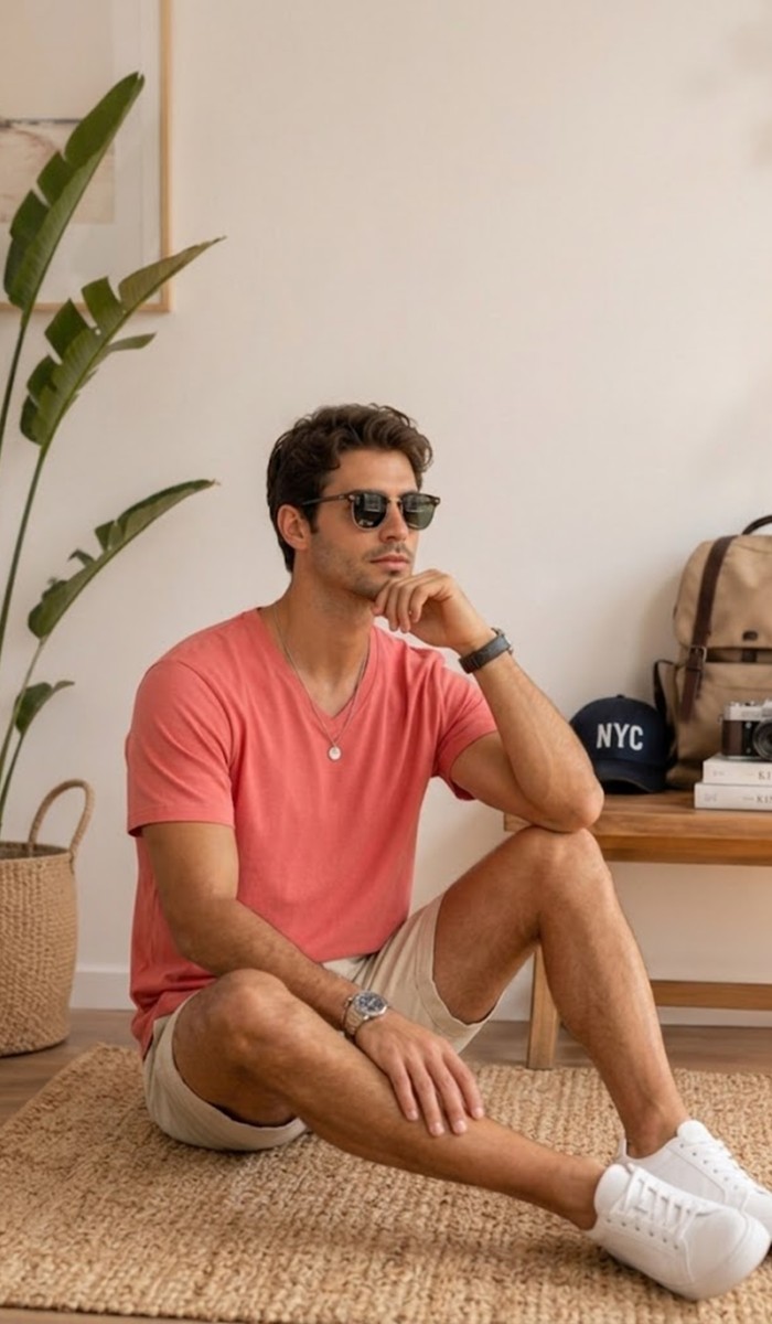 Erkek Nar Çiçeği V Yaka Slim Fit T-Shirt
