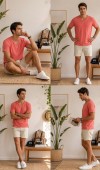Erkek Nar Çiçeği V Yaka Slim Fit T-Shirt