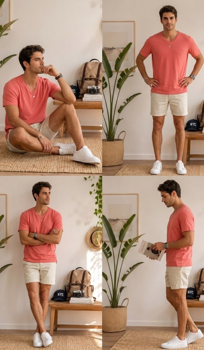 Erkek Nar Çiçeği V Yaka Slim Fit T-Shirt