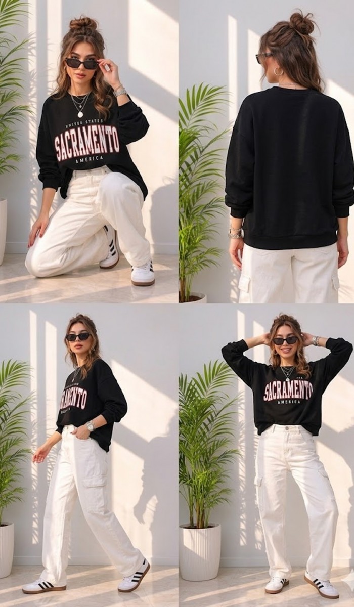 Kadın Siyah Bisiklet Yaka Sweatshirt