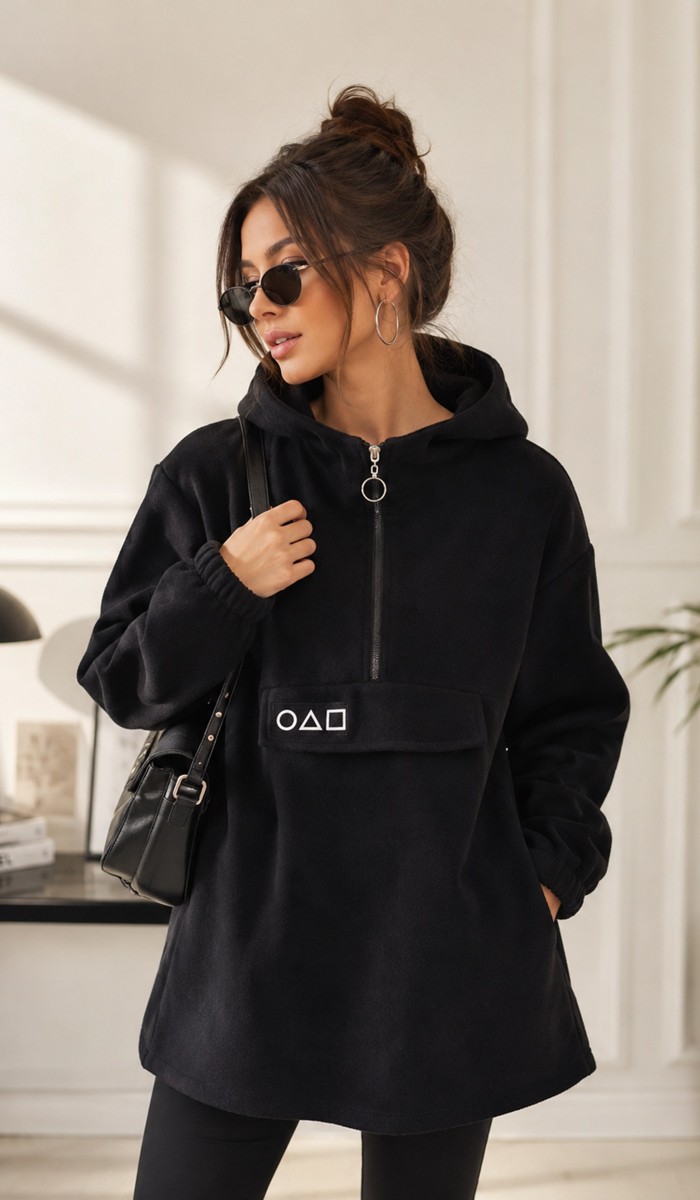 Kadın Siyah Kapşonlu Polar Sweatshirt