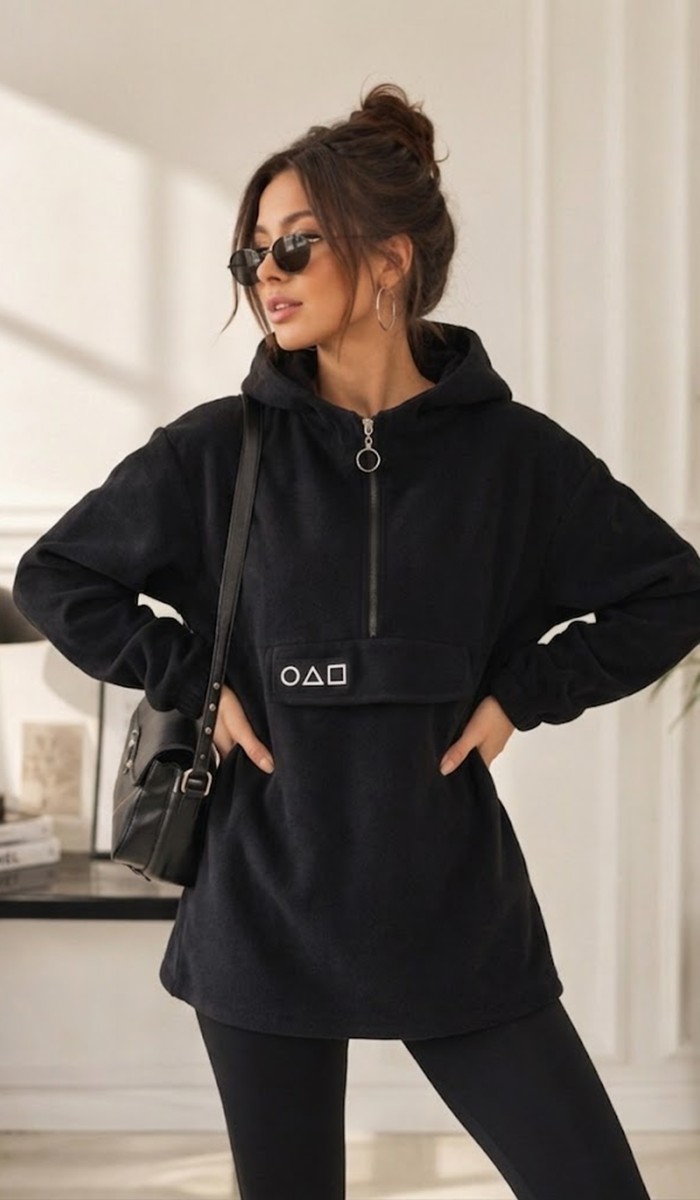 Kadın Siyah Kapşonlu Polar Sweatshirt
