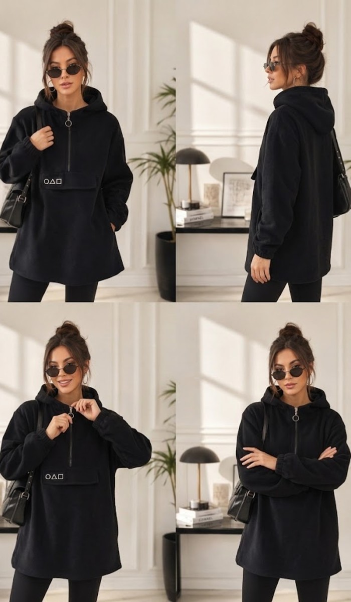 Kadın Siyah Kapşonlu Polar Sweatshirt