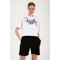 Kadın Beyaz Baskılı Drop T-Shirt 