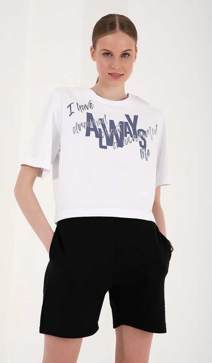 Kadın Beyaz Baskılı Drop T-Shirt