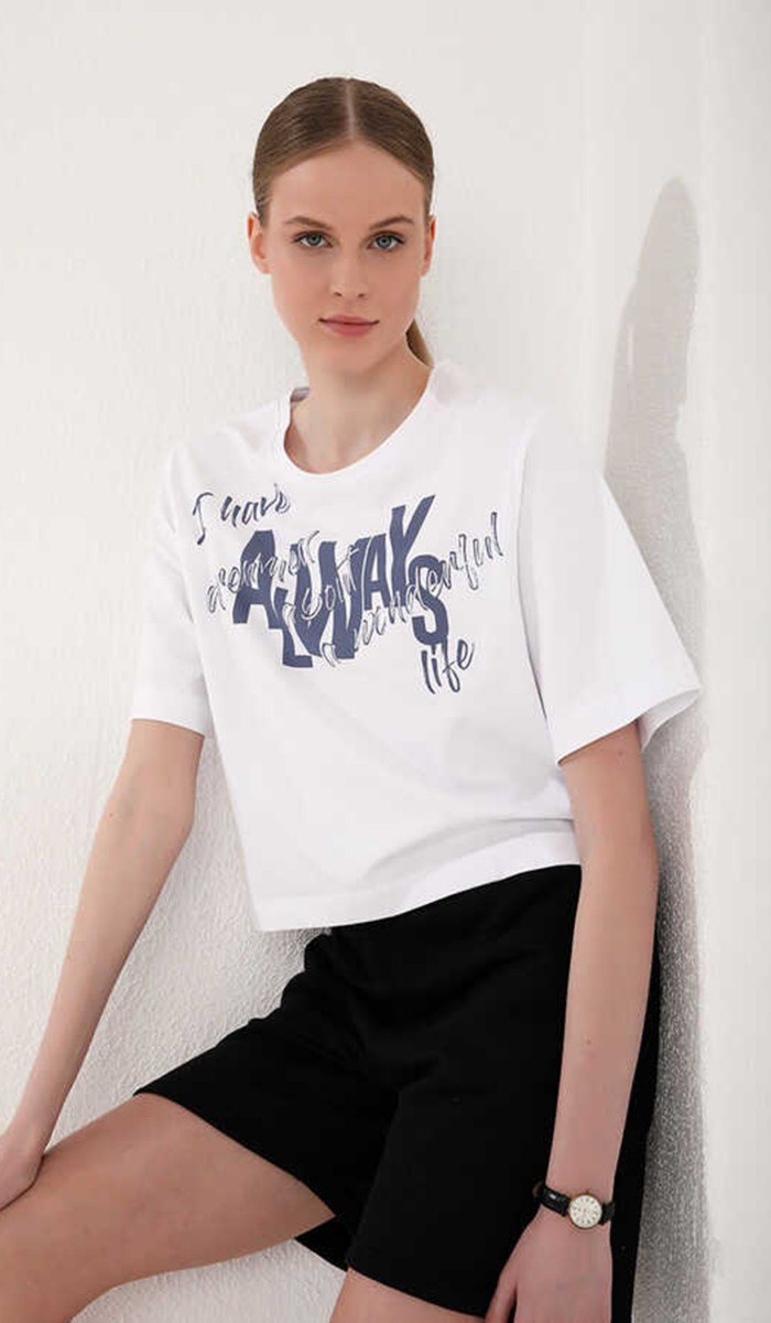 Kadın Beyaz Baskılı Drop T-Shirt