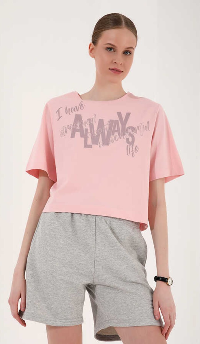 Kadın Pembe Baskılı Drop T-Shirt 