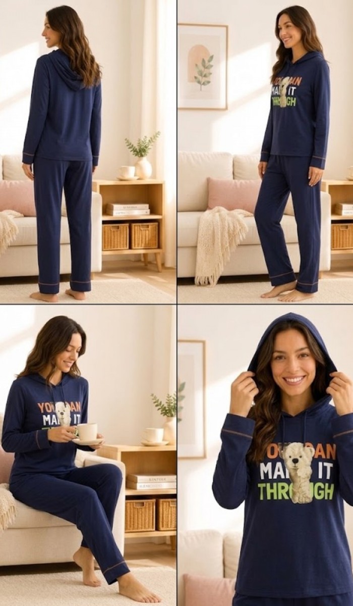 Kadın Lacivert Kapşonlu Pijama Takımı Kadın Lacivert Kapşonlu Pijama Takımı