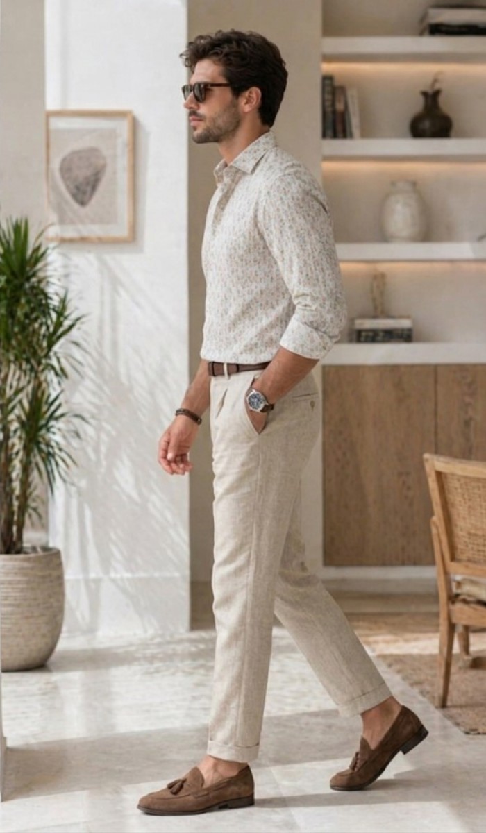 Erkek Bej Desenli Gömlek
