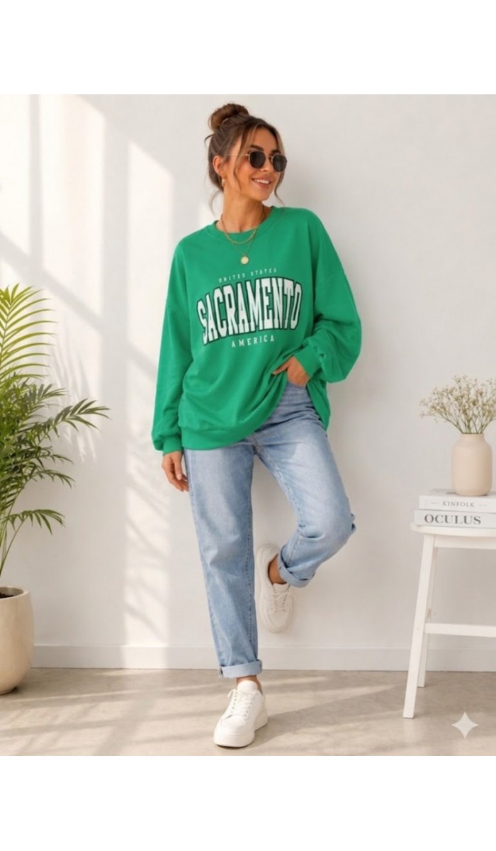 Kadın Yeşil Bisiklet Yaka Sweatshirt Kadın Yeşil Bisiklet Yaka Sweatshirt