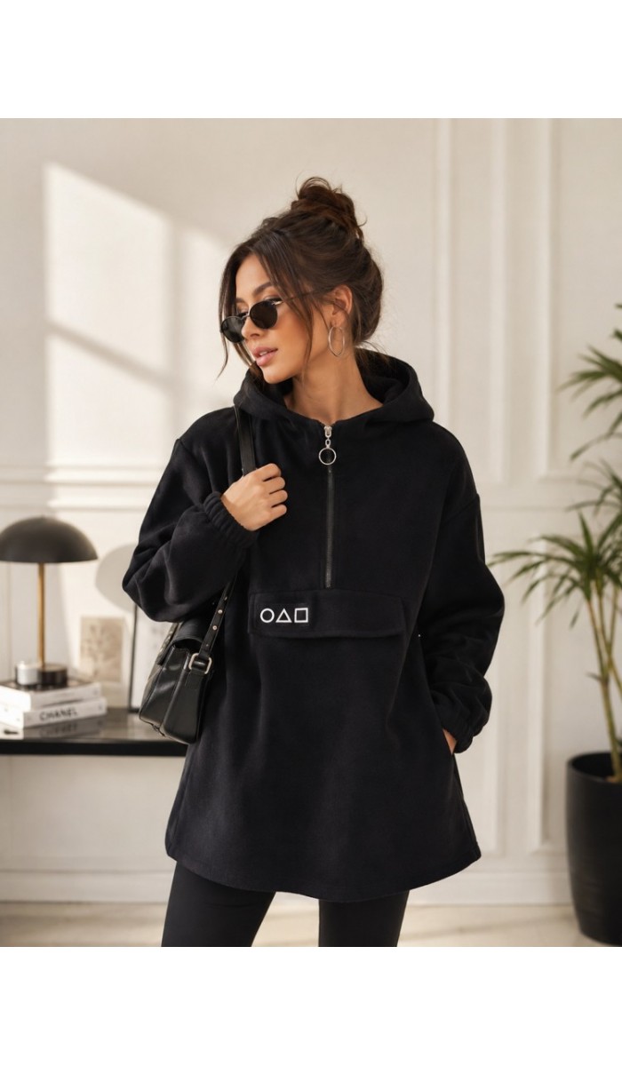 Kadın Siyah Kapşonlu Polar Sweatshirt