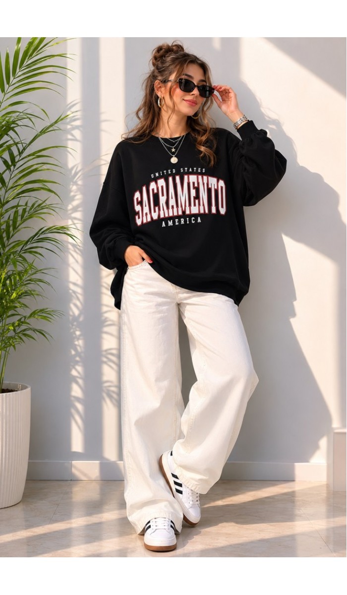 Kadın Siyah Bisiklet Yaka Sweatshirt Kadın Siyah Bisiklet Yaka Sweatshirt
