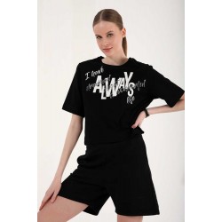 Kadın Siyah Baskılı Drop T-Shirt