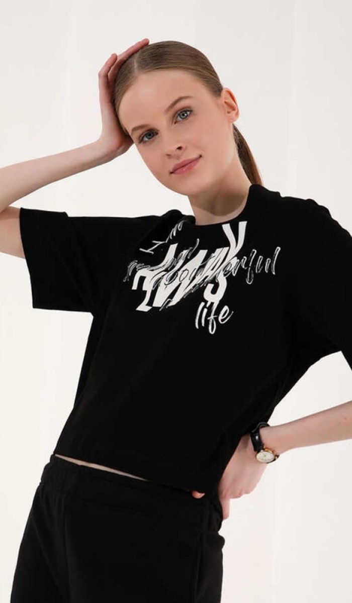 Kadın Siyah Baskılı Drop T-Shirt Kadın Siyah Baskılı Drop T-Shirt