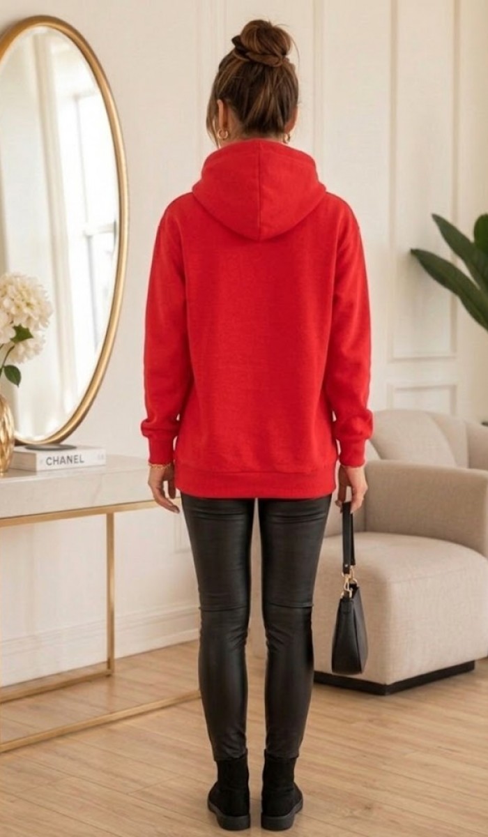 Kadın Kırmızı Kapşonlu Sweatshirt
