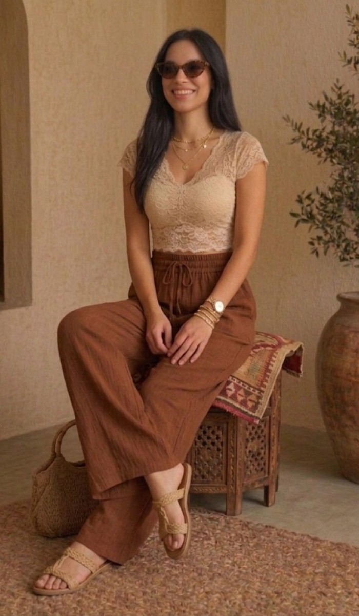 Kadın Kahverengi Geniş Paça Pantolon Kadın Kahverengi Geniş Paça Pantolon