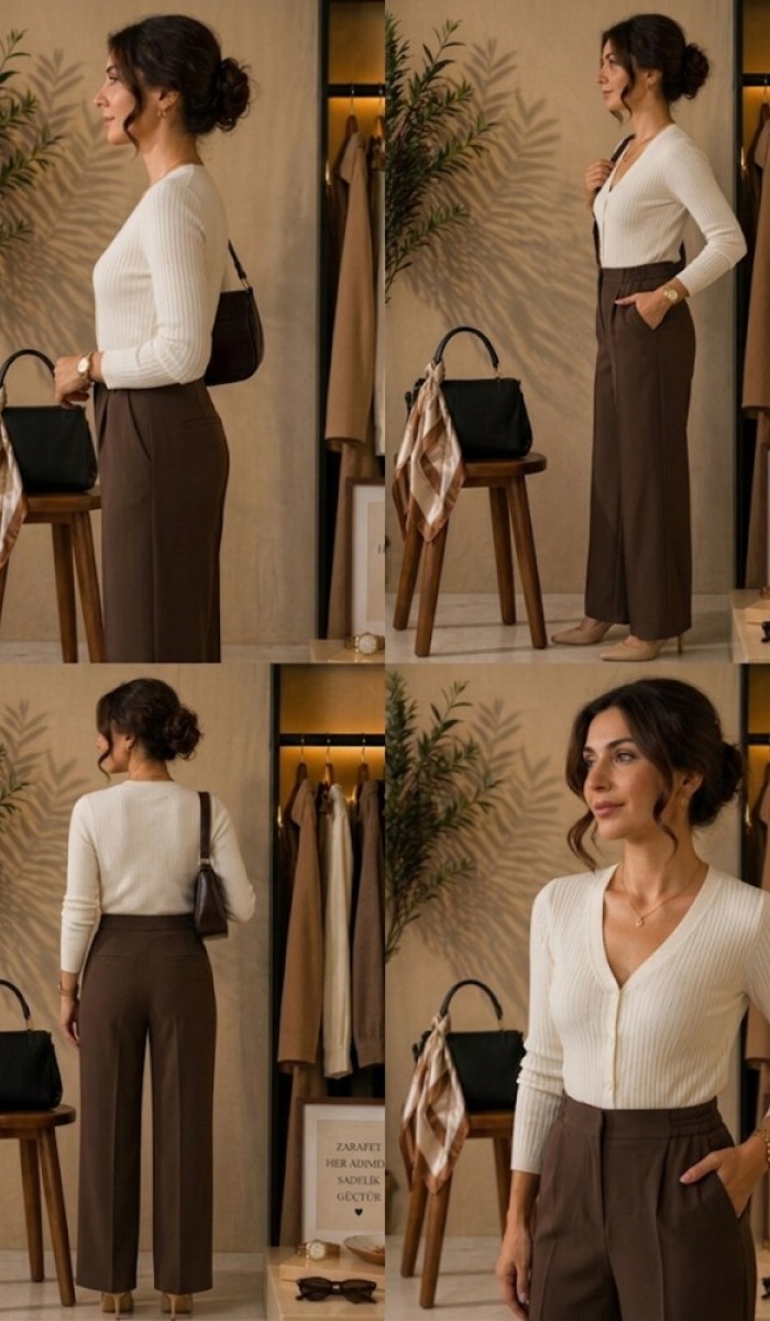 Kadın Kahverengi Geniş Paça Kumaş Pantolon Kadın Kahverengi Geniş Paça Kumaş Pantolon