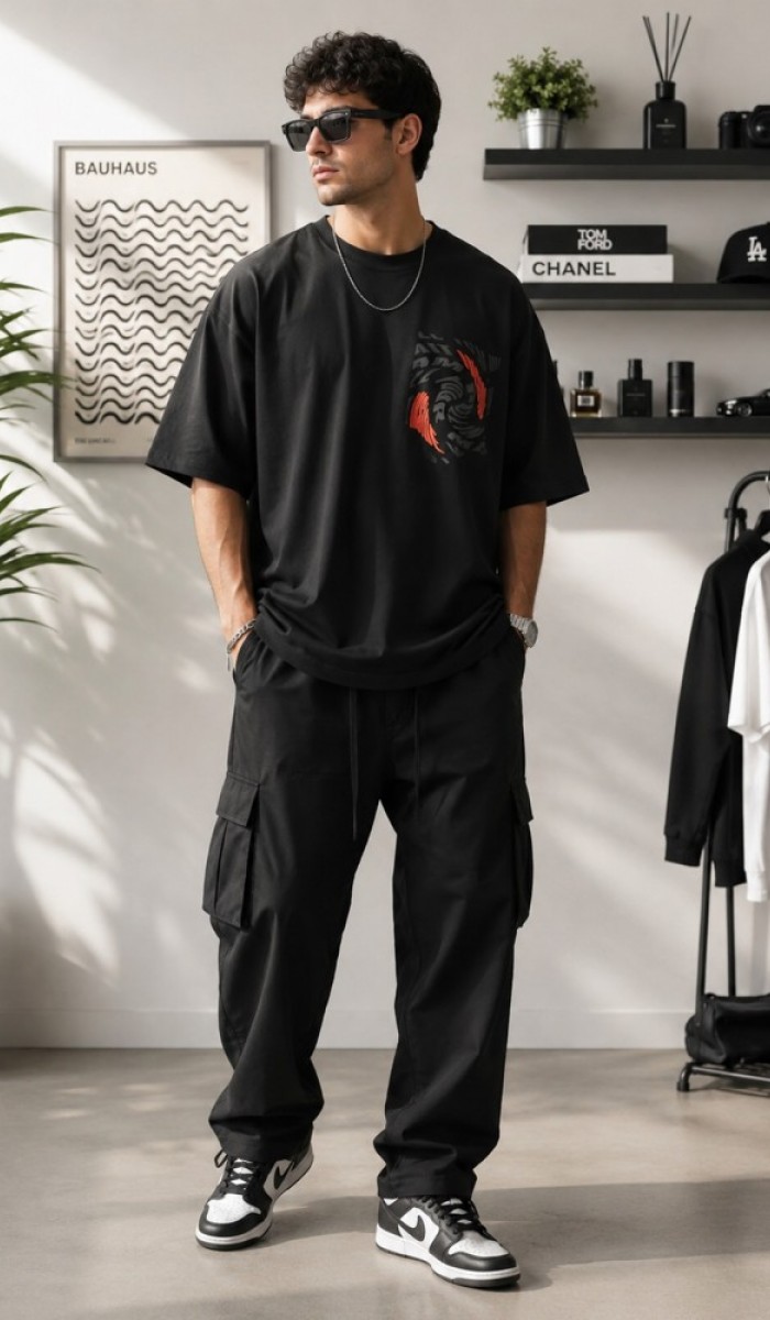 Erkek Siyah Sırt Baskılı Oversize T-Shirt Erkek Siyah Sırt Baskılı Oversize T-Shirt