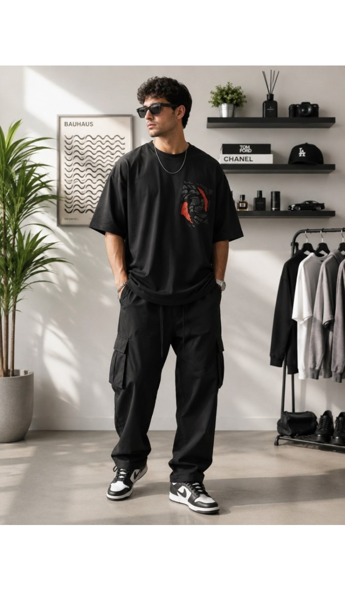 Erkek Siyah Sırt Baskılı Oversize T-Shirt Erkek Siyah Sırt Baskılı Oversize T-Shirt