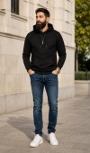 Erkek Siyah Kapşonlu Sweatshirt