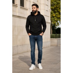 Erkek Siyah Kapşonlu Sweatshirt
