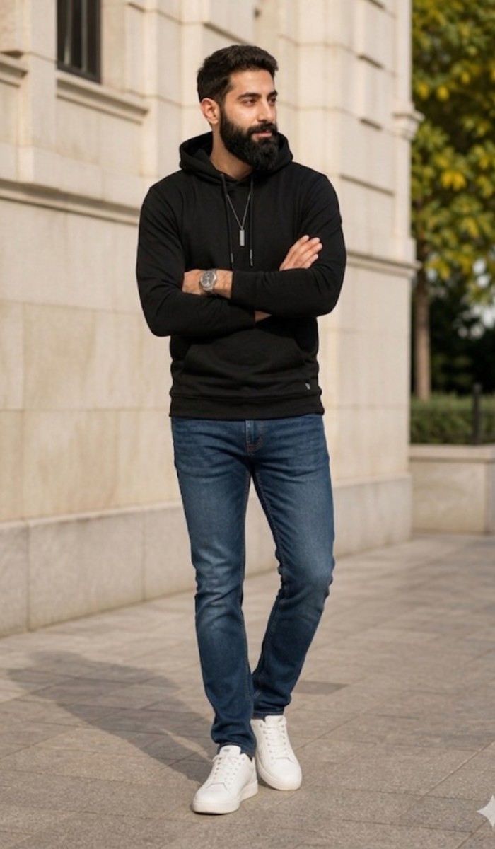 Erkek Siyah Kapşonlu Sweatshirt