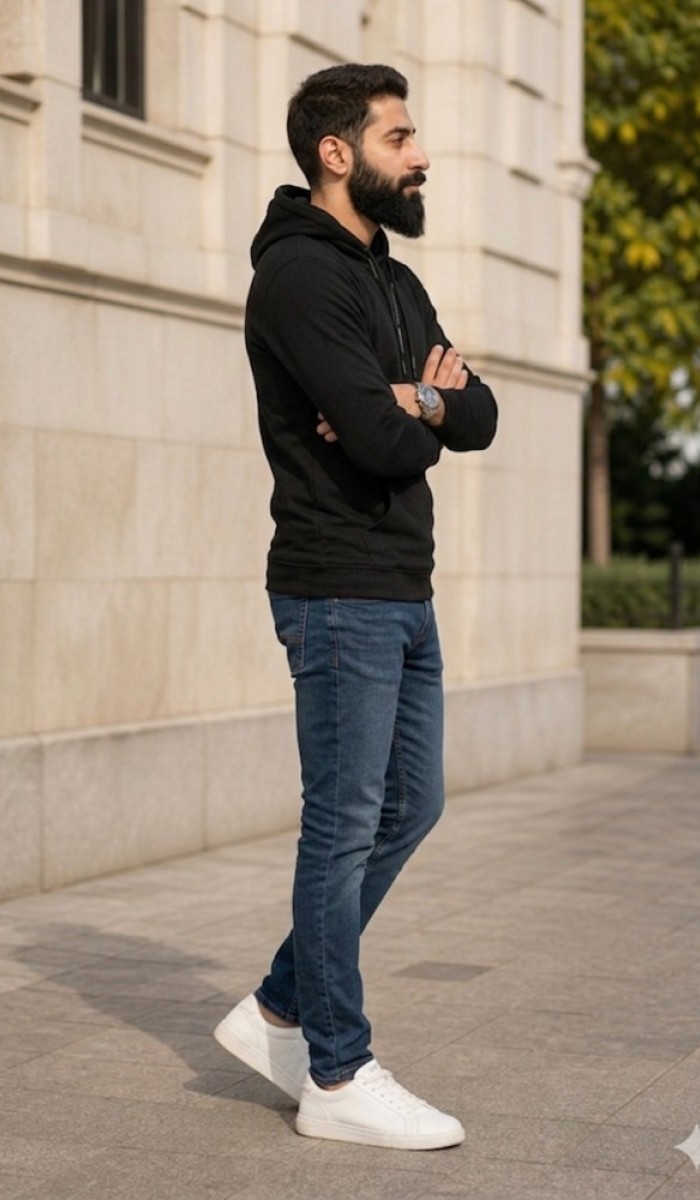 Erkek Siyah Kapşonlu Sweatshirt