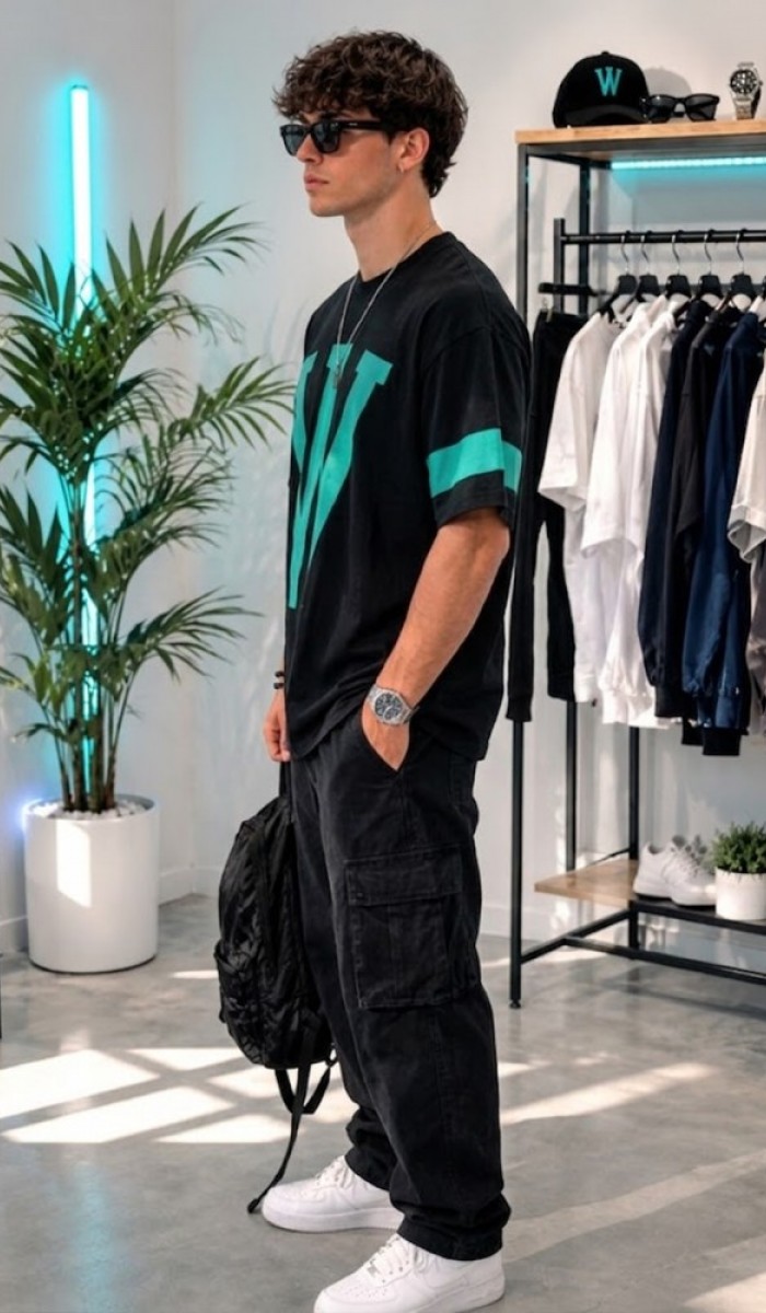 Erkek Siyah Baskılı Oversize T-Shirt Erkek Siyah Baskılı Oversize T-Shirt