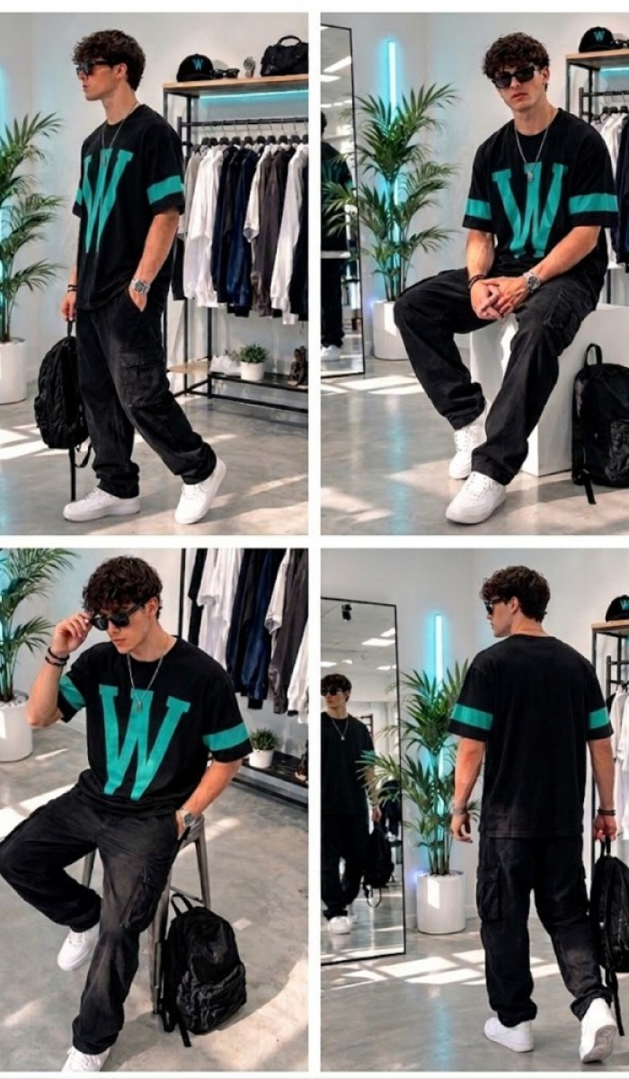 Erkek Siyah Baskılı Oversize T-Shirt Erkek Siyah Baskılı Oversize T-Shirt