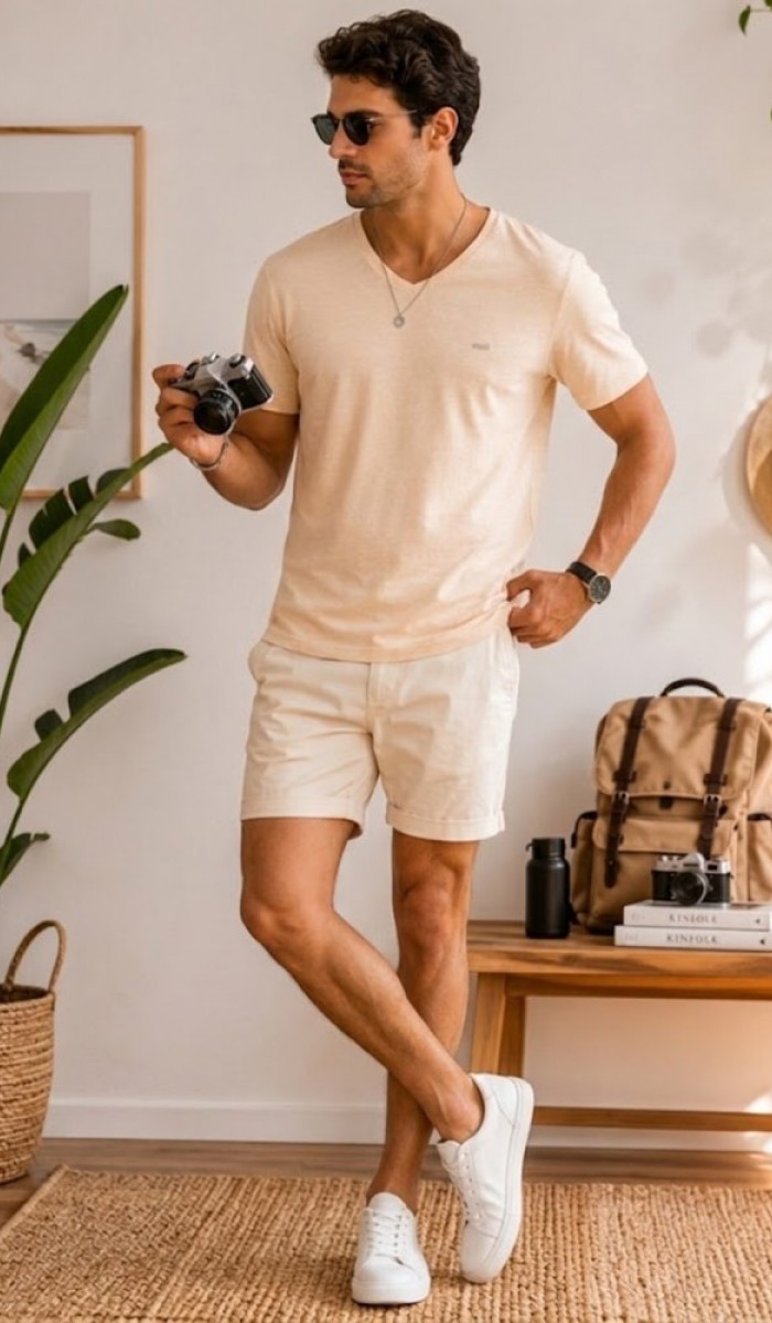 Erkek Sarı V Yaka Slim Fit T-Shirt