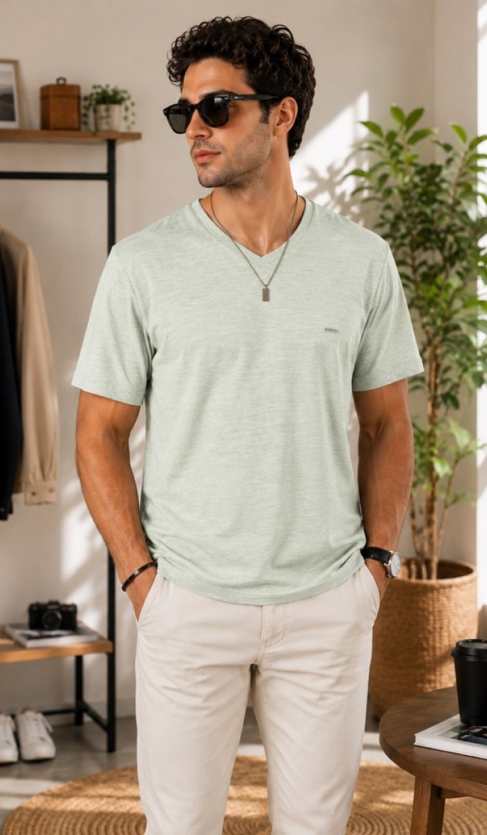 Erkek Haki V Yaka Slim Fit T-Shirt Erkek Haki V Yaka Slim Fit T-Shirt