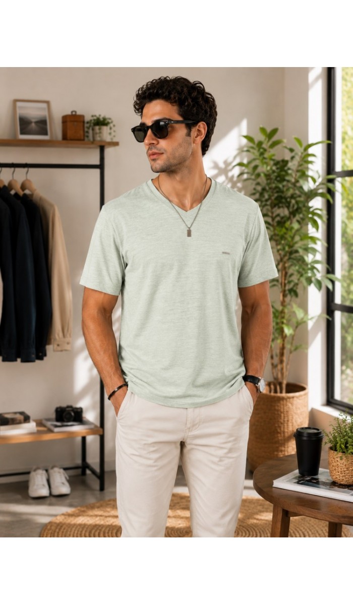 Erkek Haki V Yaka Slim Fit T-Shirt Erkek Haki V Yaka Slim Fit T-Shirt