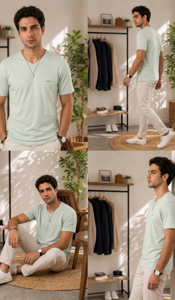 Erkek Haki V Yaka Slim Fit T-Shirt Erkek Haki V Yaka Slim Fit T-Shirt