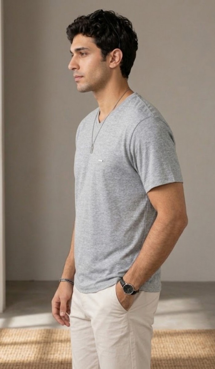 Erkek Gri V Yaka Slim Fit T-Shirt