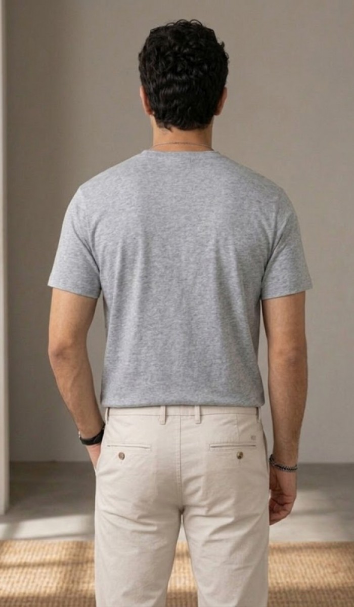 Erkek Gri V Yaka Slim Fit T-Shirt