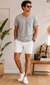 Erkek Gri V Yaka Slim Fit T-Shirt