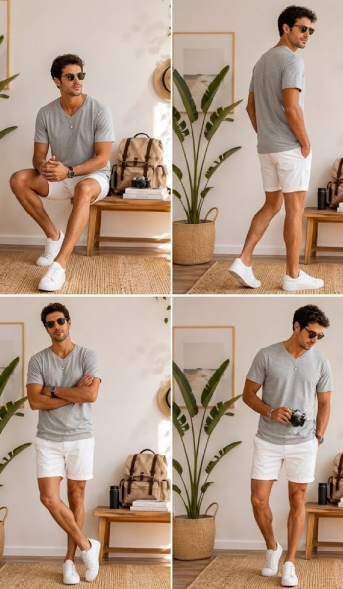 Erkek Gri V Yaka Slim Fit T-Shirt