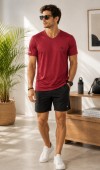 Erkek Bordo V Yaka T-Shirt