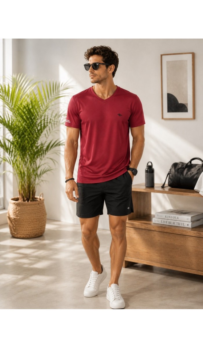 Erkek Bordo V Yaka T-Shirt