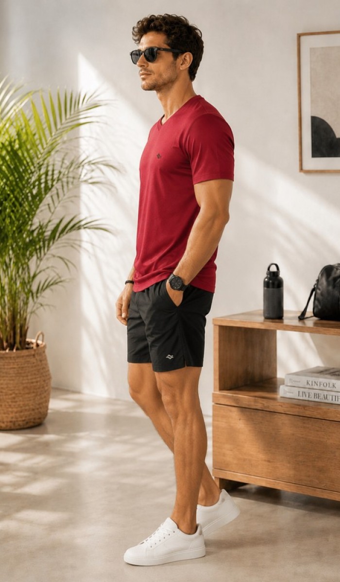 Erkek Bordo V Yaka T-Shirt